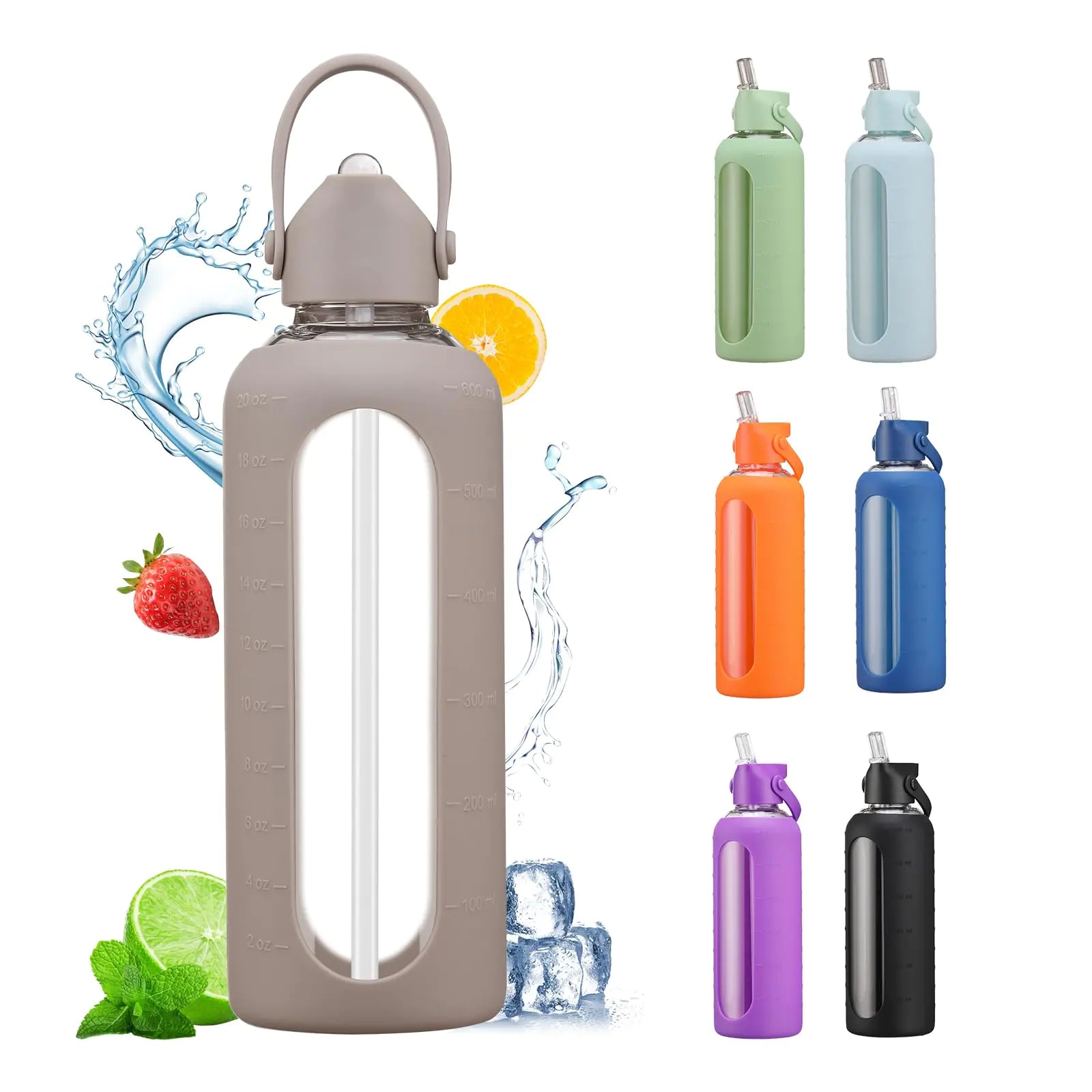 chunmo 20 oz Glass Water Bottles with Straw Borosilicate Glass Water Bottle with Time Marker Motivational Water Bottles with Silicone Sleeve Leak Proof Reusable BPA Free-1 Pack